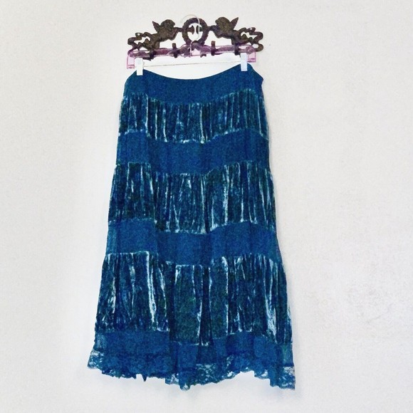 Uniform Dresses & Skirts - Vintage Broomstick Skirt Turquoise Velvet Sz Large Aqua Gypsy Tiered Boho Blue